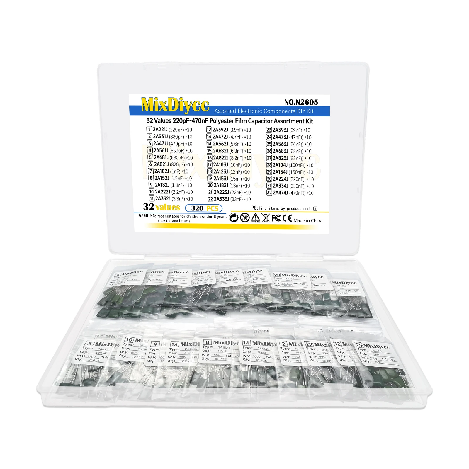 32 Values Polyester Film Capacitor Kit 100V 1/2.2/3.3/4.7/10/22/33/47/100/220/330/470 pF nF 2A 222J/472J/103J/104J/474J 320 Pcs