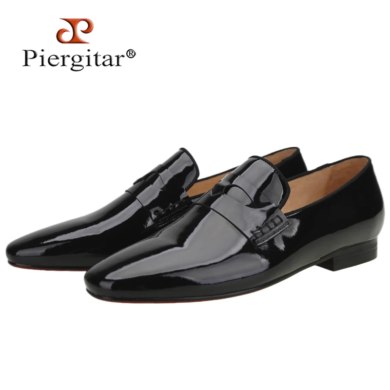 Piegitar New Style Black Patent Leather Men's Loafers Handmade Threading Mask Strap Men Smoking Slippers Red Bottom Slip-On Shoe