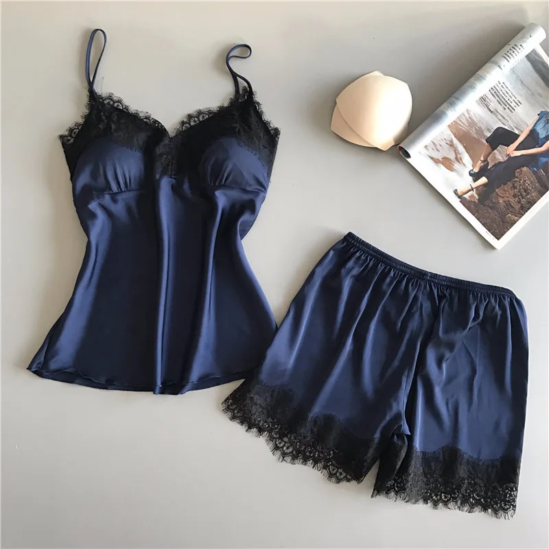 Strap Women's Sleep Underwear Pajama Sets Women's Summer Sexy Ice Silk Two Piece Set Silk Home Clothes Gather Thin Shorts Lounge