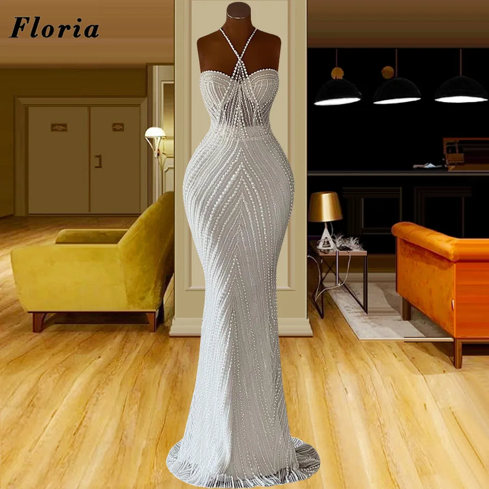 Floria Elegant Pearls Evening Dresses Mermaid Long Prom Dress 2023 Arabic Dubai Halter Celebrity Party Dress Robes De Soiree