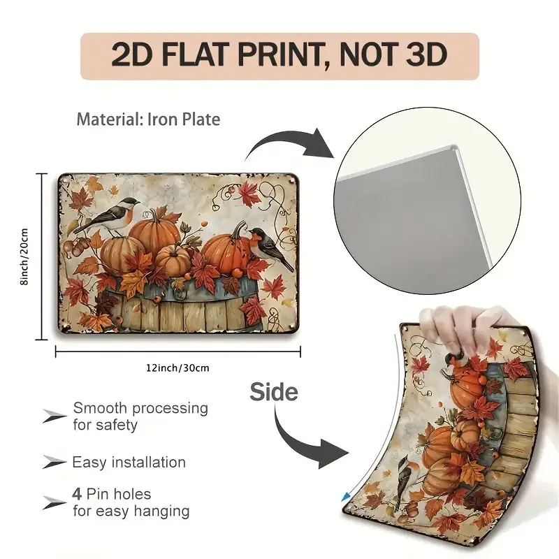 Set of 6 Retro Autumn-Themed Metal Signs Featuring Falling Leaves And Pumpkins, Measuring 8X12 Inches, Ideal for Decorating Your