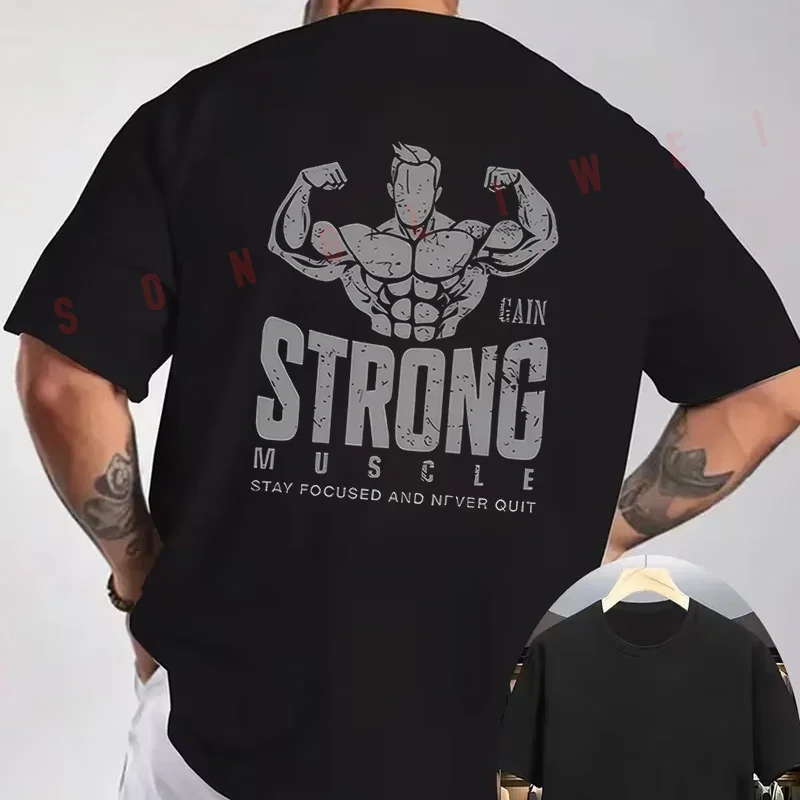 STRONG Fitness Muscular Man Distressed Slogan print Motorcycle T-Shirt back Print Men Short sleeve O-neck Summer Casual Tops Tee
