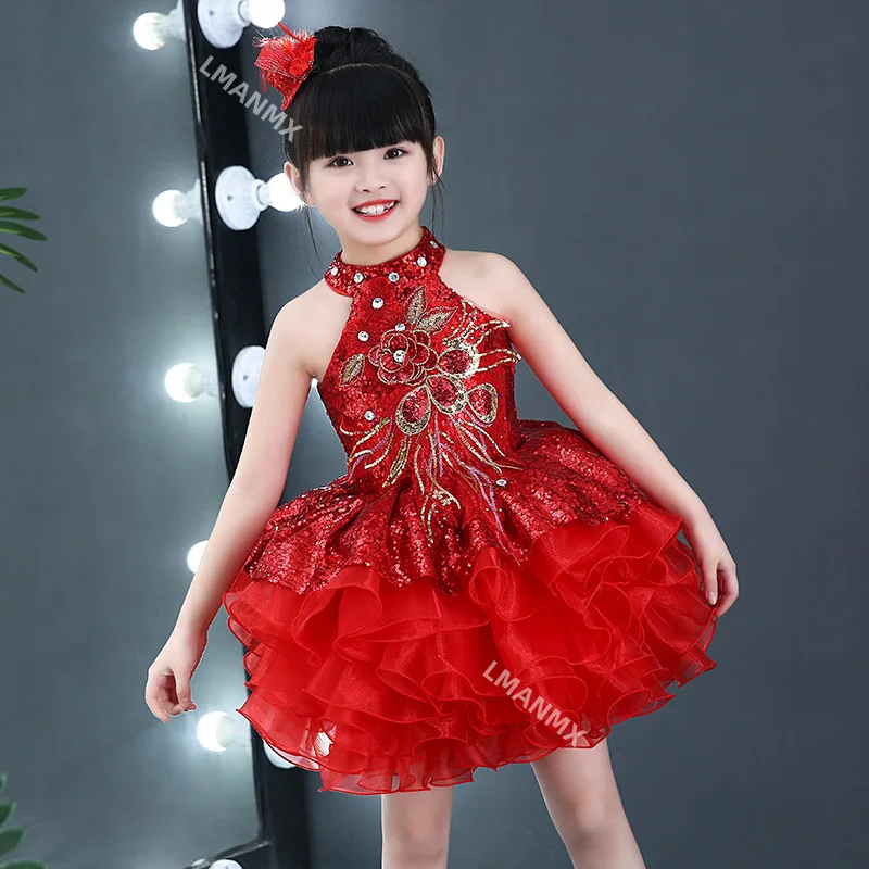 

Children's performance costume, fluffy gauze skirt, girls' sequin dance skirt, choir dance, red festive performance costume