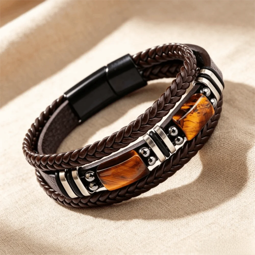 Men's Bracelet Multi-Layer Tiger Eye Stone Bracelet Adjustabl Retro Leather Bracelet Braided Handmade Beaded Bracelet Women