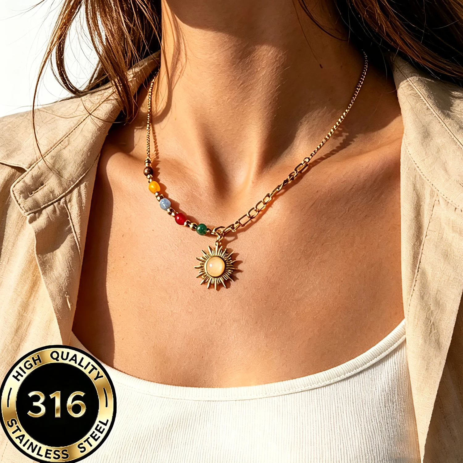 Böhmische Sonnenanhänger-Halskette aus Edelstahl, Goldfarben, Bunte Perlenkette, Vintage, Hypoallergen, Anlaufgeschützter Schmuck für Frauen