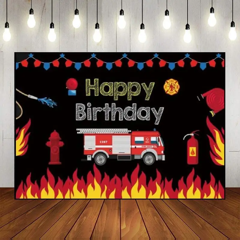 

Banner Fire Dept Photography Backdrop Background Cartoon Truck Party Wall Baby Shower Firefighter Night Fireman Theme Custom