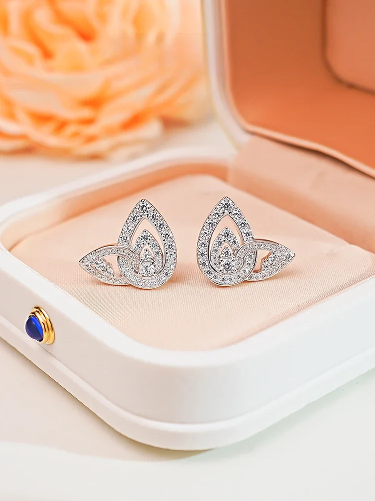 Luxury Leaf 925 Silver White Diamond Earrings Set with High Carbon Diamonds, Sweet and Versatile for Everyday Women