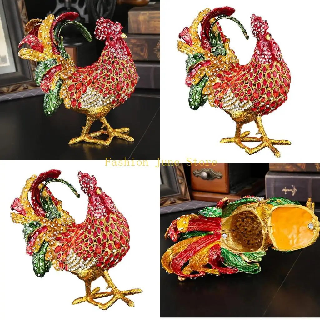 N5KA Unique Aluminum Rooster Jewelry Holder Box for Ring Earring and Necklace Storage