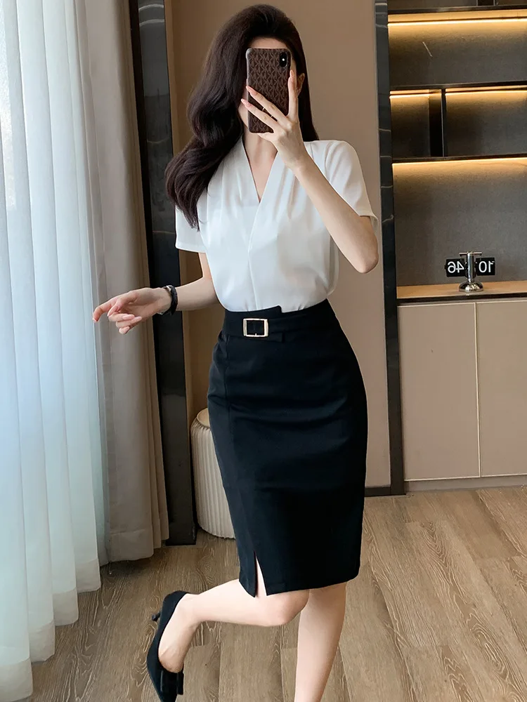 Business short sleeveVWomen's Collar Shirt Summer2024New Business Suit CommuteOLWork Clothes Chiffon Temperament Shirt