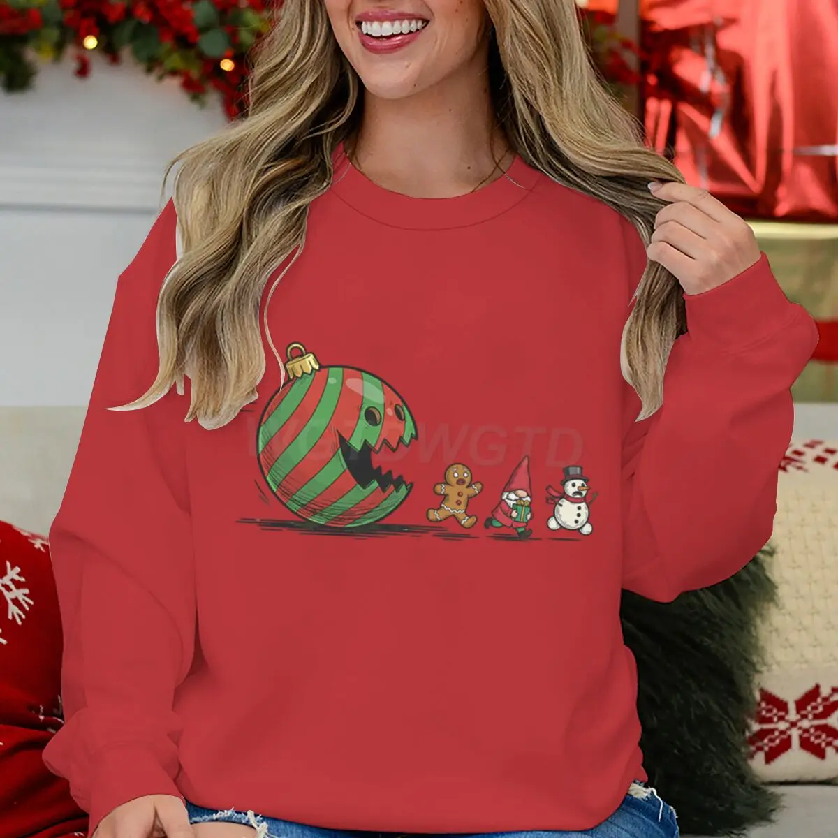 Sudaderas con estampado de Gnomo divertido y bola de adorno navideño para mujer, moda informal de otoño e invierno, jerséis de Navidad de manga larga con cuello redondo
