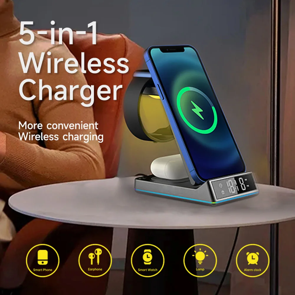 6 in 1 Wireless Charger Stand with RGB LED Clock For iPhone 14 13 12 Pro Max Airpods Apple Watch 15W Fast Charging Station Dock