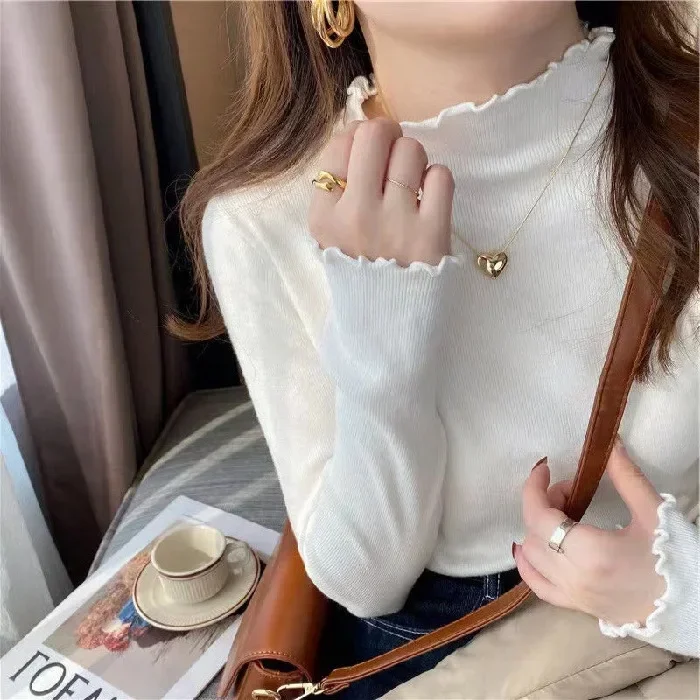 

Women Mock Neck Solid Sweaters Regular Tops Casual Full Sleeve Jumpers Splice Sheath Slim Fit Pullovers Autumn Winter 2023