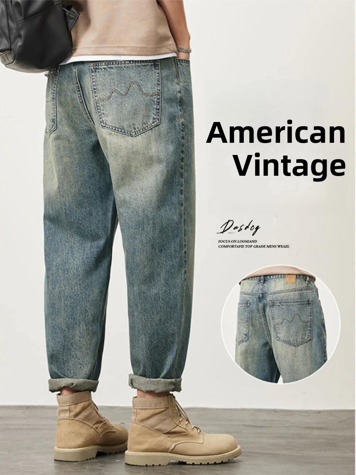 

Retro American Denim Jeans Men's Autumn Winter Loose Straight Harlan Nine Point Casual Cone Nine Point Long Pants