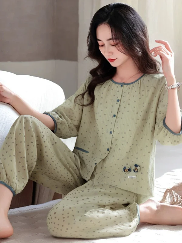 Cloud Cotton Seven-Quarter Sleeve Open Cardigan Nightgown Women's Spring Summer Nine-Piece Thin Home Clothes Set Sweet Floral