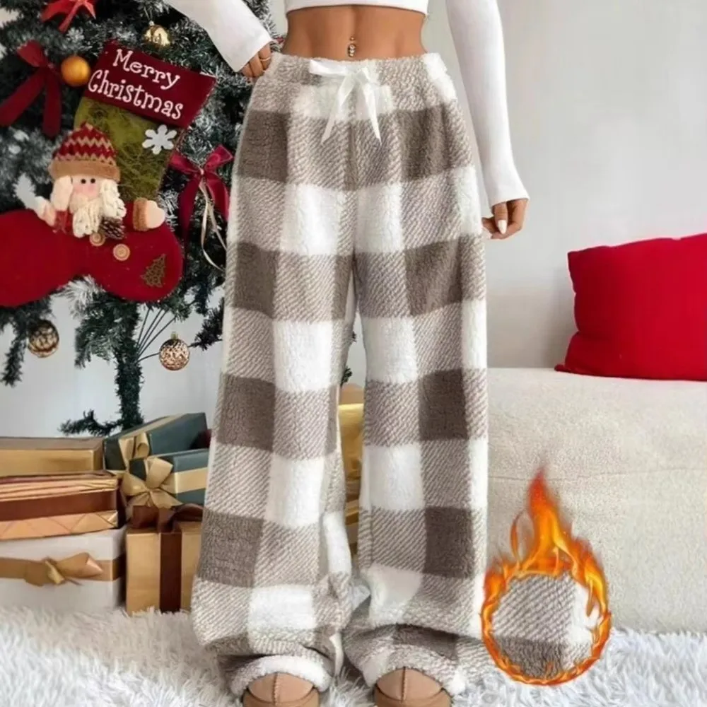 Casual Autumn Winter Plaid Wide Leg Pants High Waist Thick Women Loungewear Warm Loose Pajama Bottoms Home Wear