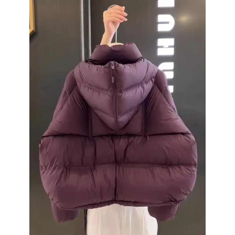 Outcoat corto morado con capucha y cremallera, chaqueta acolchada de algodón para mujer, invierno con espalda descubierta, estilo de gama alta, Top acolchado de algodón ligero y cálido