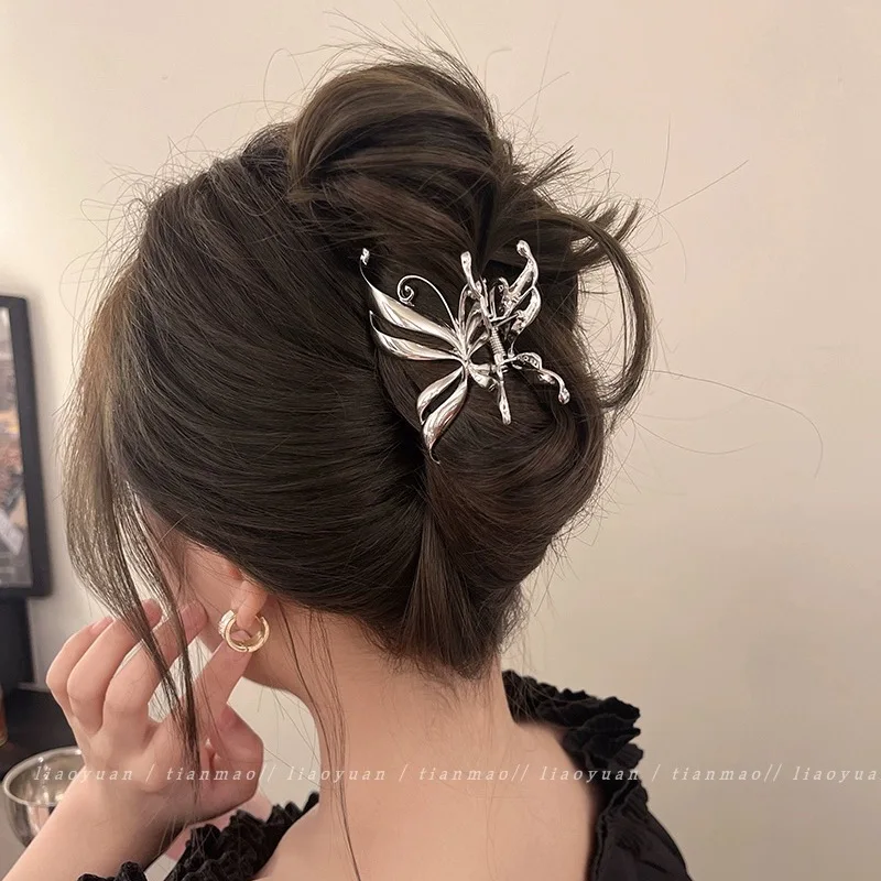 2023 Frauen Retro Schmetterling Klaue Clip kleine goldene Haarspange Mädchen mittlere Metall Haarspangen Lady Silber Y2K Haarnadel Haar-Accessoire – Detail 2