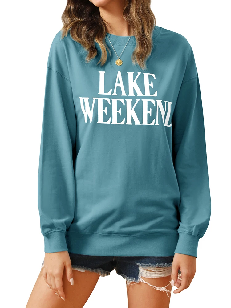 Women's Lake Weekend Letter Printed Round Neck Long Sleeve Sweatshirt Autumn and Winter Casual Loose Blue Pullover Top