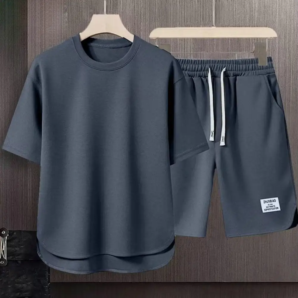 Men Activewear Set Men\'s Summer Casual Outfit Set O-neck Short Sleeve T-shirt Drawstring Waist Wide Leg Shorts Activewear Set