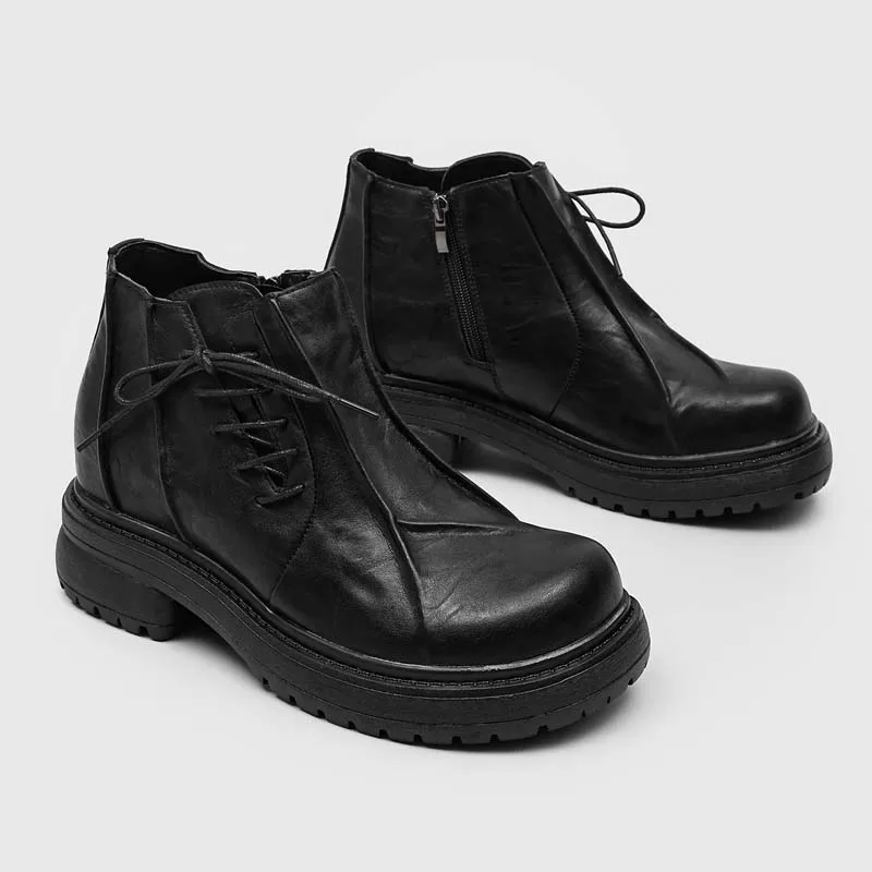 Light Luxury Men Retro Pleated Design Paired with Side Straps Personalized Height Increase Brand Fashionable Motorcycle Boots