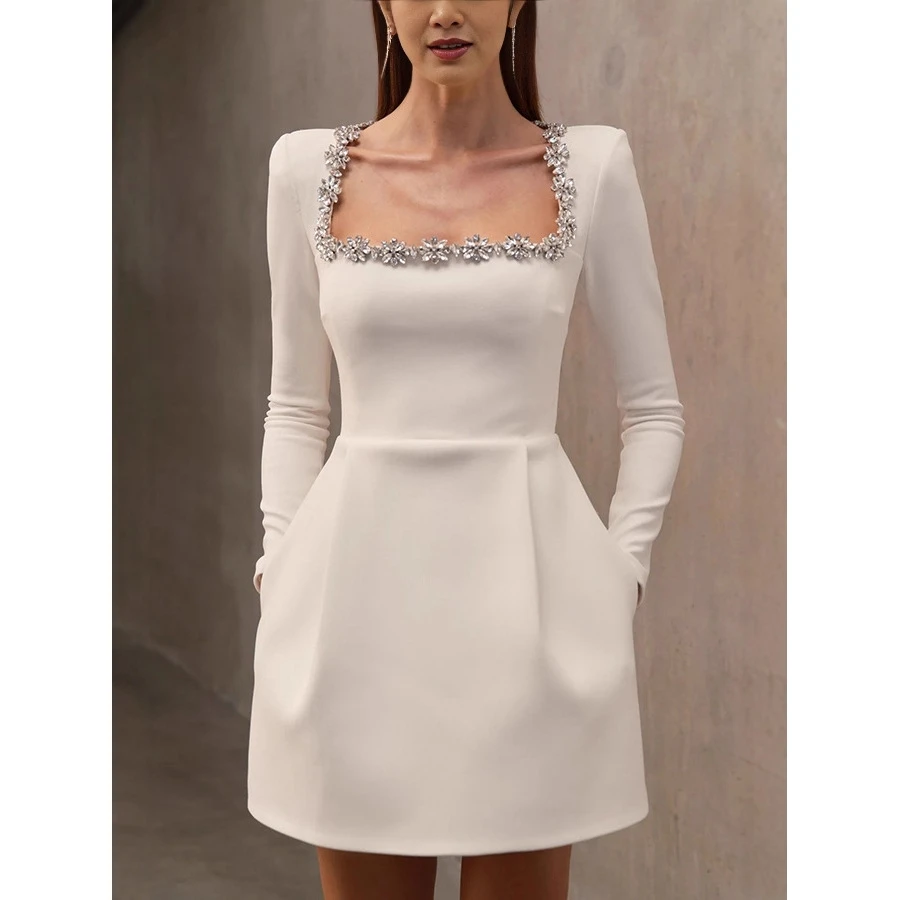 Ele ort Velvet Dr avec embellissement de diamants col carré Long Sve Midi Dr pour femme automne hiver Faion