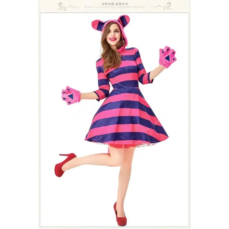 B-Alice In Wonderland Costume Cheshire Cat Cosplay Dress For Adult Kids Halloween Costume Fancy Party Suit Parent-child Clothes