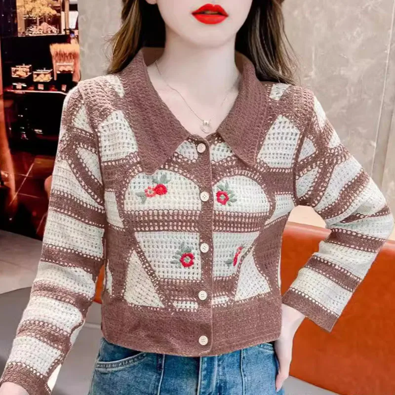 مملة العسل الفرنسية الرجعية مخطط الجوف الأعلى المطرزة زهرة معطف سترة مشغولة من الصوف المرأة أوائل الخريف موضة الحلو الرياح ل #3