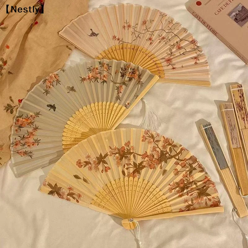 Portable Hand Fold Fan New Chinese Style Dance Props Retro Shell Fan Woman Men Bamboo Wood Silk Flower Folding Fan〔Nest〕
