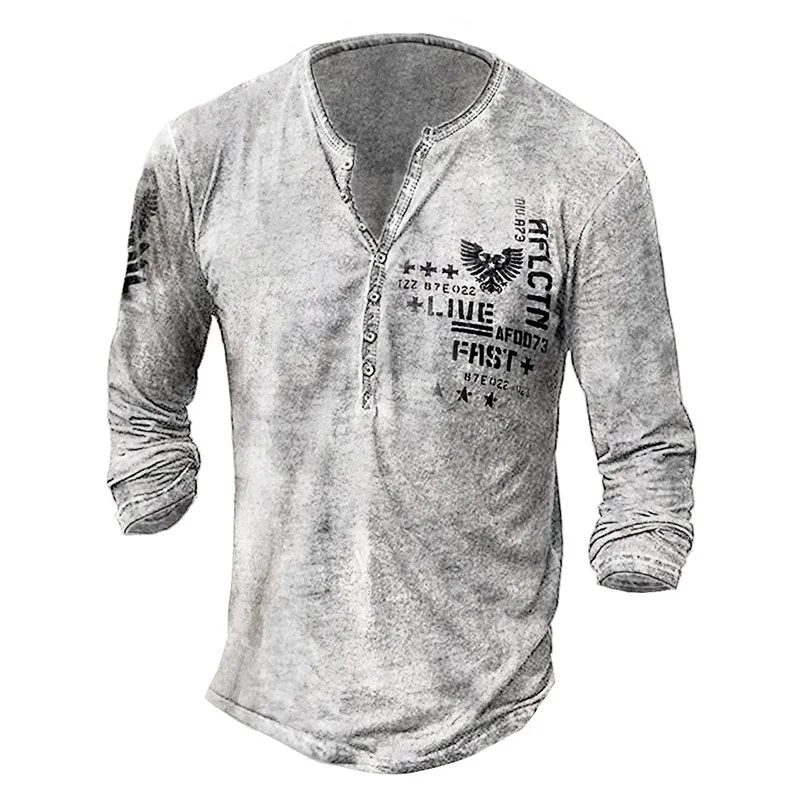 

2024 New Men's Spring and Autumn Casual Long Sleeve Button V-neck Top Loose Punk Style Men's T-shirt Wholesale men clothing