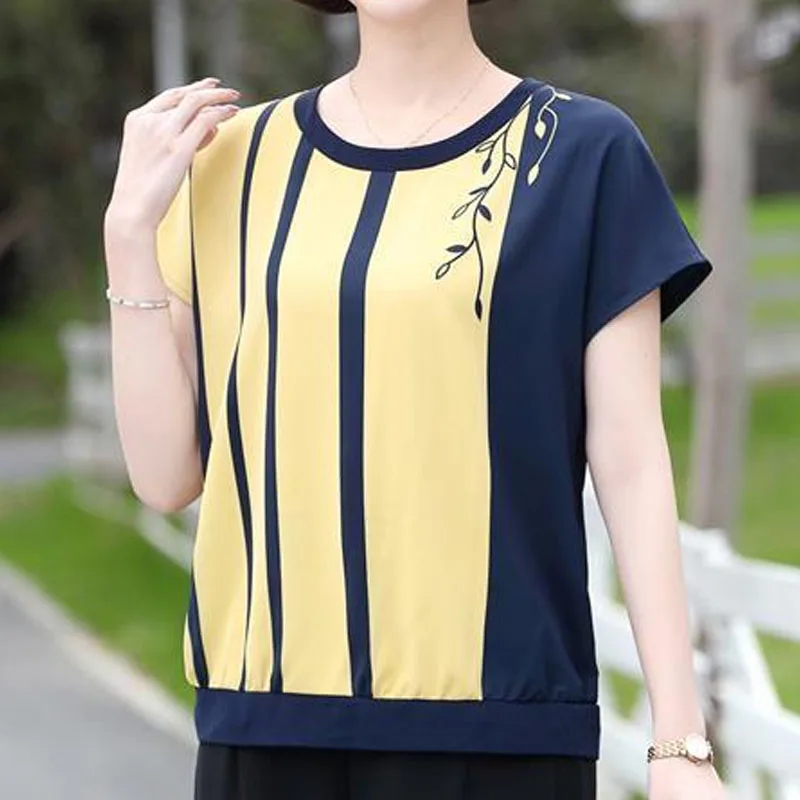 Female Casual Short Sleeve Striped Fashion Chiffon T-shirt Summer Commute All-match Round Neck Pullovers Tops Women's Clothing