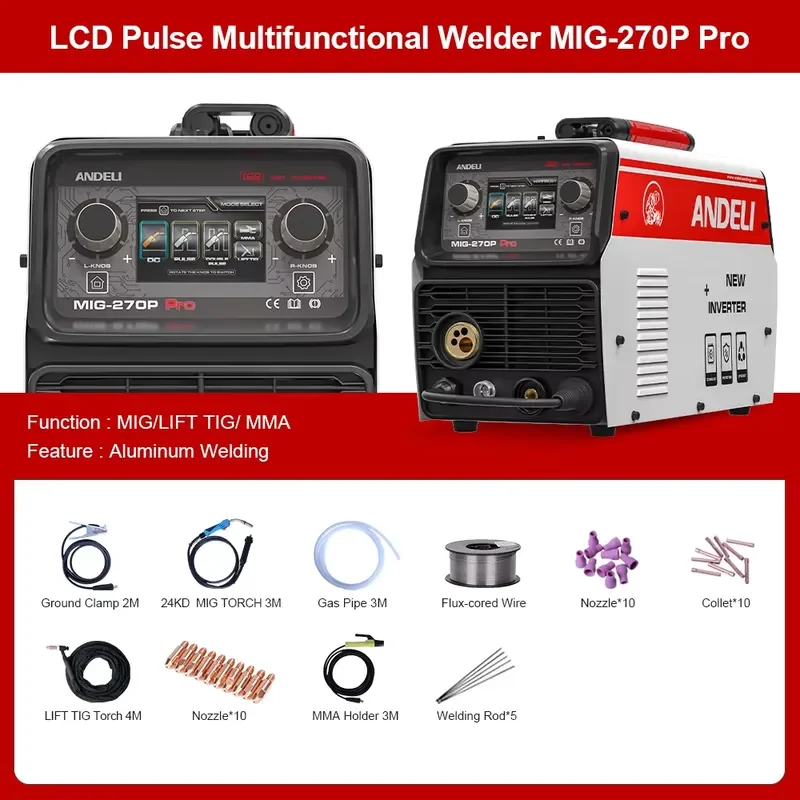 ANDELI 220V MIG Welding Machine LCD Screen Double Pulse MIG Lift TIG MMA Spool Aluminum Welding DC Semi-automatic MIG