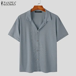 INCERUN Men Shirt Solid Color 2023 Lapel Short Sleeve Korean Style Men Clothing Streetwear Summer Knitted Casual Shirts S-5XL