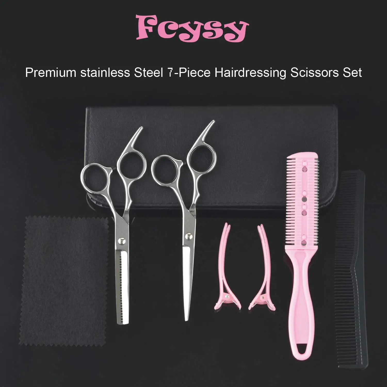 Professional Hair Cutting Scissors Kit with Thinning Shears, Razor Comb, and Leather Case for Men Women Pet - 7 Pcs