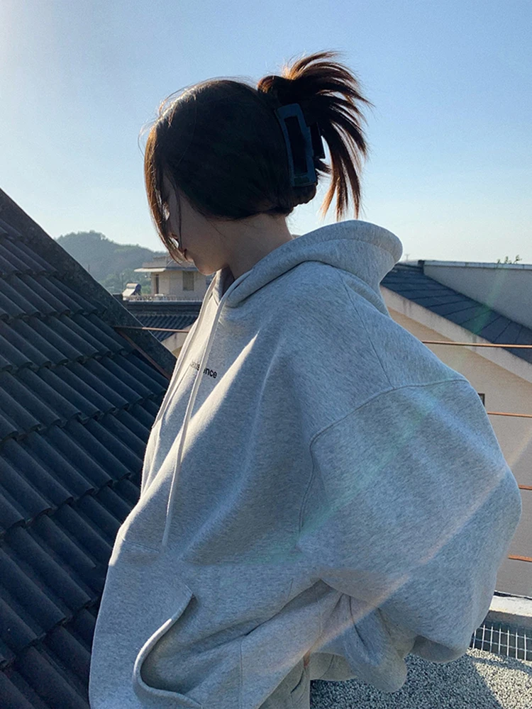 

Korean Fashion Grey Fleece Thicken Baggy Pullover Pocket Letter Printing Sweatshirt Lazy Casual Raglan Sleeves Hoodie Autumn