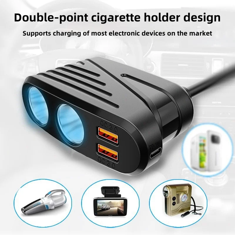 Car cigarette lighter one tow two, 120W Cable One in two USB C/PD mouth car cigarette lighter charger