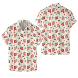 Sweet Fruit 3D Print Men's Shirts Strawberry Pattern Casual Fashion Short Sleeves Tops Button Lapel Streetwear Oversized Blouse