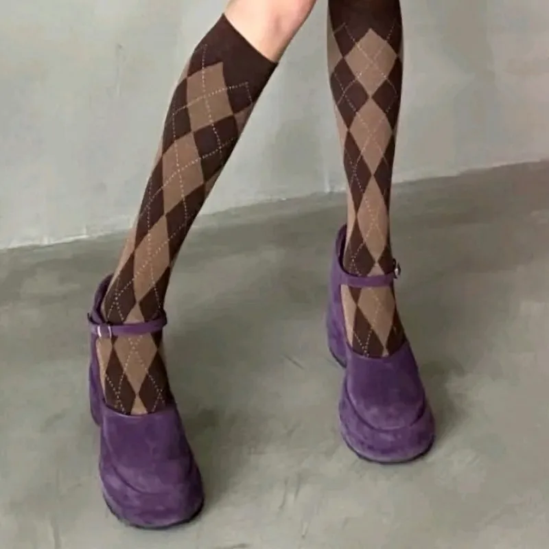 Retro Style Purple Round Toe Platform Women Marry Jane Shoes Chunky High Heels Buckle Strap Design Large Size Pumps Shoes
