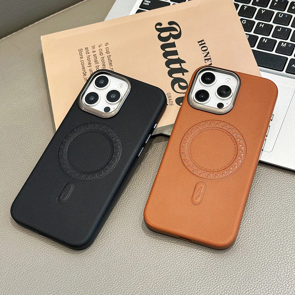 

Wireless Charging Magsafe Leather Case For iPhone 13 14 15 16 Pro Max Sleek Metal Camera Fabric Texture Phone Grip Soft Cover