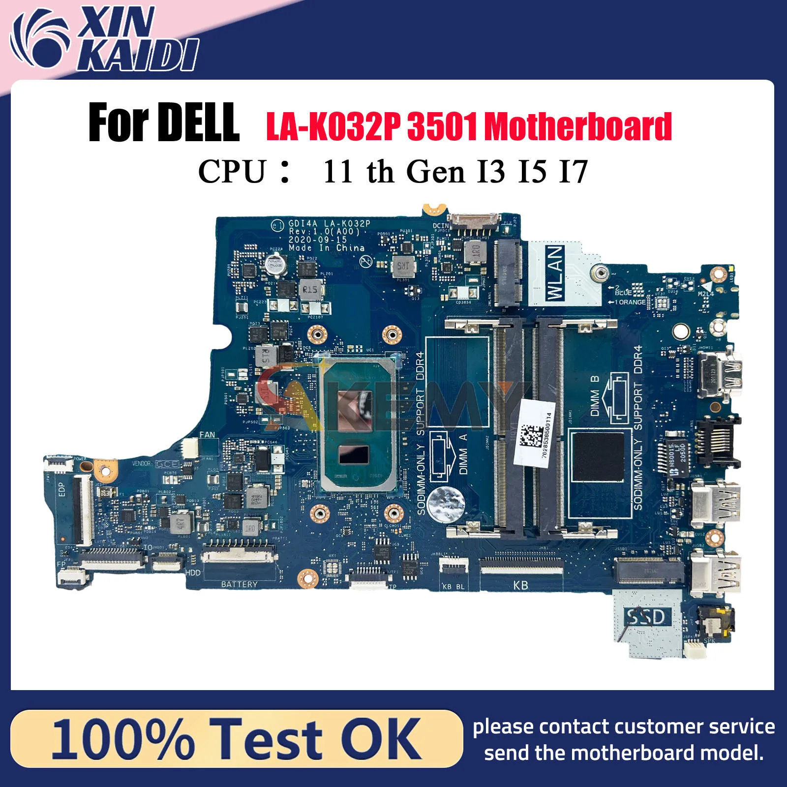 

For Dell Vostro 3400 3500 Inspiron 3501 Laptop Motherboard LA-K032P with I3 I5 I7-11th CPU 07HC6F 06PGNJ 0GGCMJ 100% Tested OK
