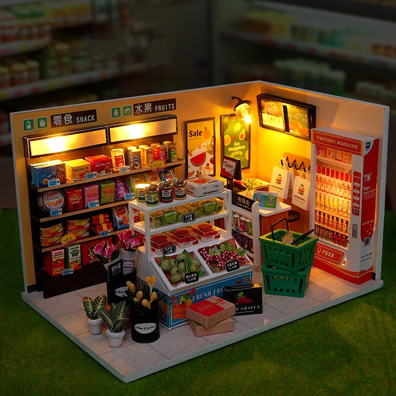 Zestaw do samodzielnego montażu drewnianego modelu miniaturowego sklepu, domków dla lalek 3D z meblami i oświetleniem, idealny na prezent urodzinowy dla przyjaciół.