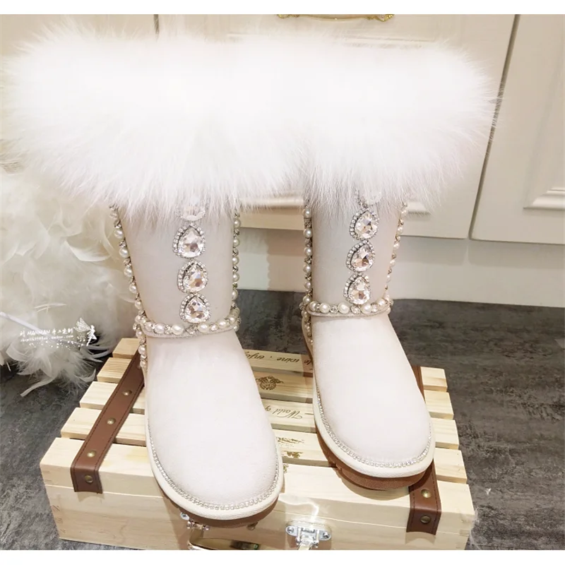 Natural fox hair custom tall rhindiamond-pearl fur one large size comfortable leisure snow boots women's shoes 35-44