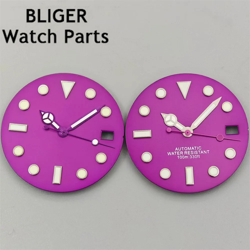 BLIGER 29mm Watch Dial Purple Dial With Hand Set Green Luminous Fit NH35 NH36 Movement