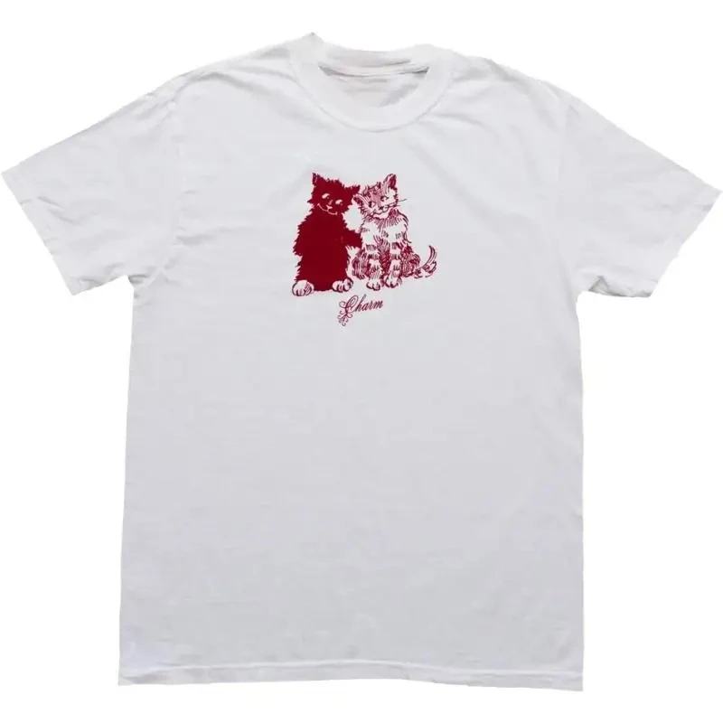 Vintage Red Kitten Graphic Tee Print O‑Neck T‑Shirt Unisex Short Sleeve Retro Punk Hip‑Hop Harajuku Summer Streetwear Top