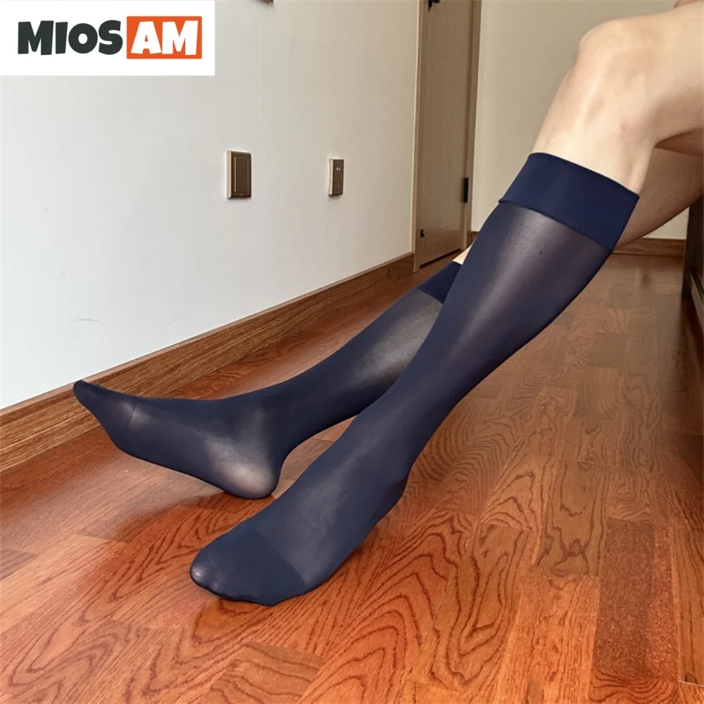 Miosam Top Quality Men's Breathable Sexy High Stretch Nylon Wide Cuff Oil Shining Business Gentlemen Sheer Dress Socks XL Size