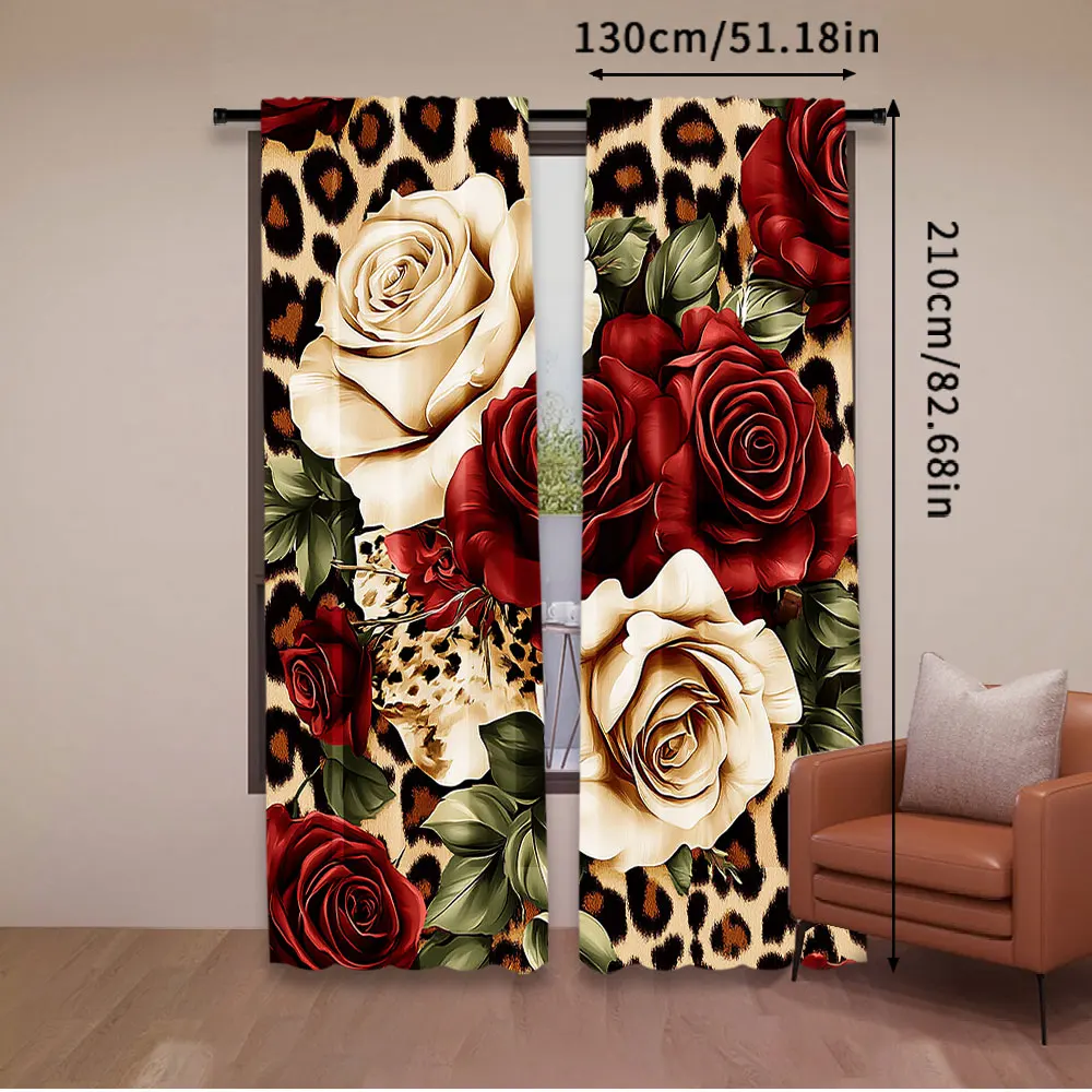 2Pcs Leopard Curtain Red And White Rose Floral Curtain Women Lover Romantic Floral Botanical For Bedroom Living Room And Dining