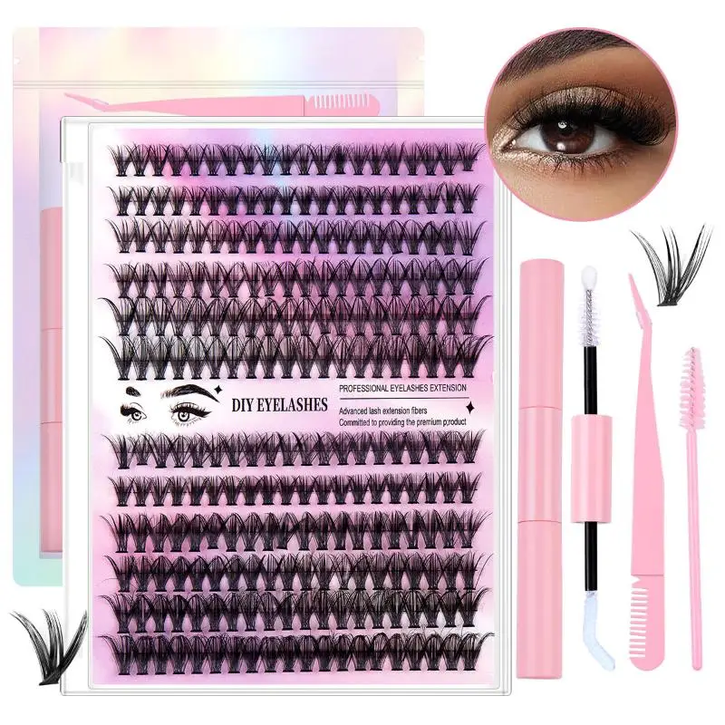 DIY False Eyelash Extension Kit for Beginners - Individual Lash Clusters Upper & Lower Lashes Extra Thick Fluffy Natural Look