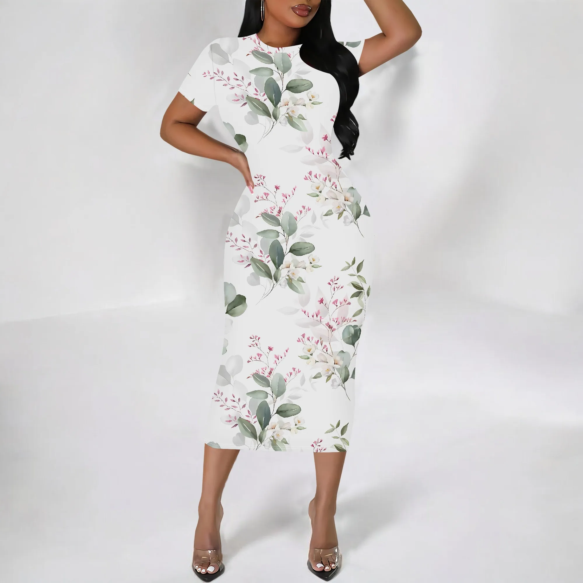 

EQQZD Fashion Short Sleeve Round Neck Midi Dress, Casual Plants & Flowers Print Bodycon Dress for Women