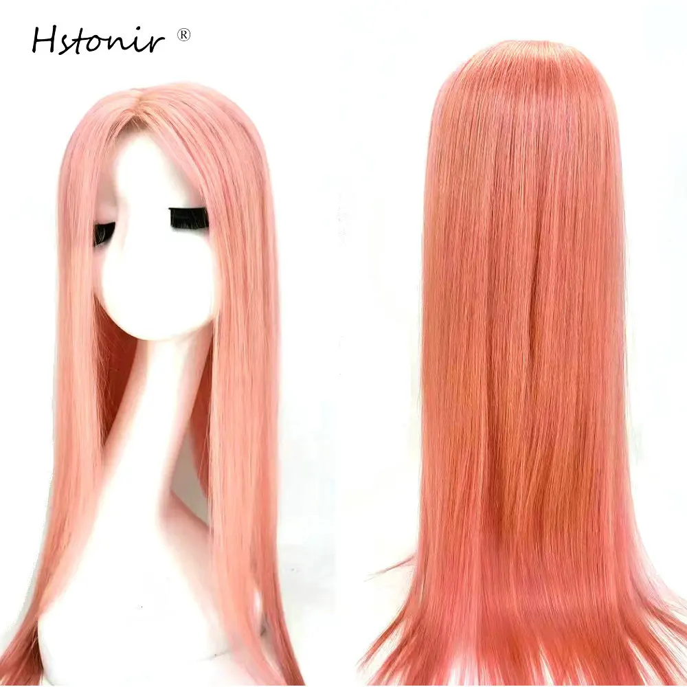 Hstonir Pink Human Hair Toupee For Women Clip In Silk Top European Remy Hair Extensions Hair Pieces Magic Hair Topper TP26