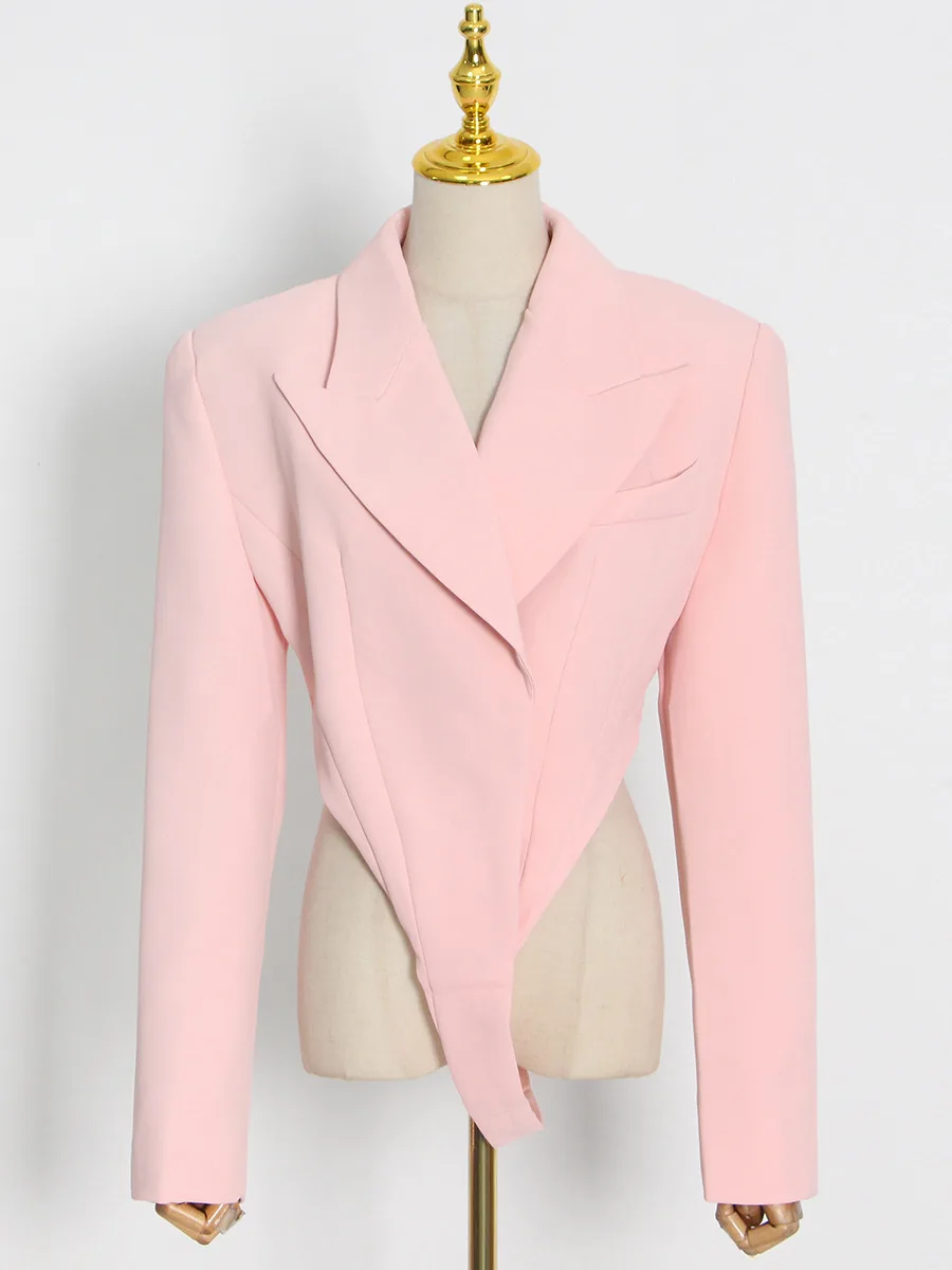 Pink Casual Women Suit Blazer 1 Pcs Jumpsuit Jacket Cotton Sexy Hollow One Button High Quality Coat(Don't Have Pant)