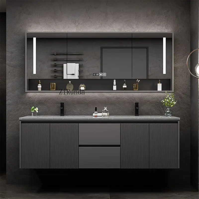 Mobiletto da bagno con doppio lavabo, moderno e lussuoso, grande mobiletto da bagno integrato con doppio lavabo